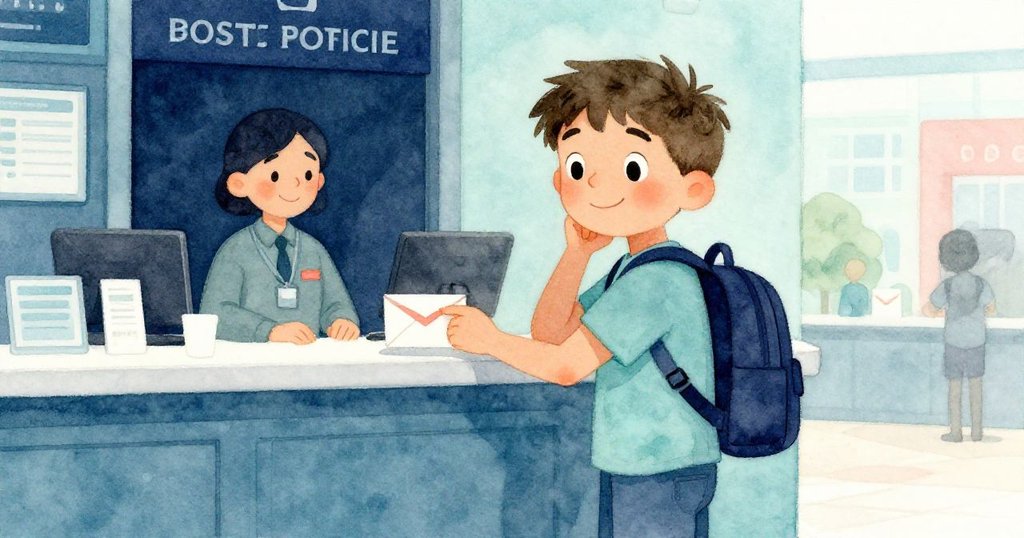 米洛在郵局櫃台前停下腳步,仔細重新封好信封,臉上流露出思索與微笑,櫃檯員親切地注視著他。