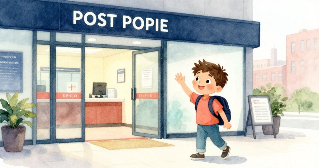 米洛在郵局出口附近揮手告別,心中滿懷喜悅與釋然,溫暖的光線映襯出現代都市的柔美韻味。