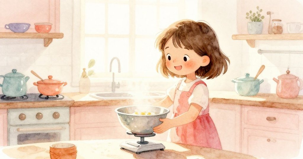 莉亞在溫暖晨光中於廚房內平衡混合碗，窗外光線柔和，她專注且充滿期待，象徵新一天開始。