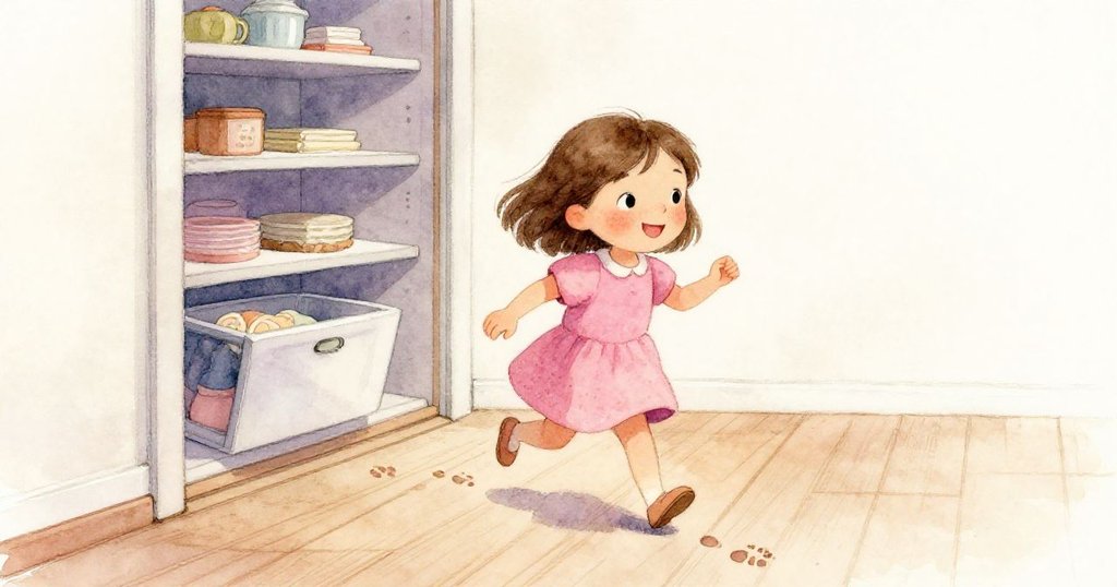 莉亞急步走向儲藏室，木質地板上留有柔和足跡，表情急切，展現冒險與期盼的故事進展。