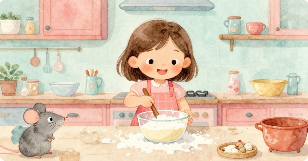 從小老鼠視角看見莉亞在廚房內攪拌麵糊，手忙活間灑出麵粉，充滿好奇與溫馨情緒。