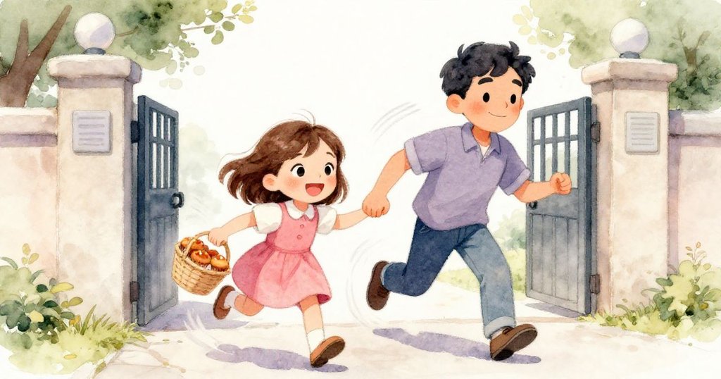 莉亞與Marco急速攜鬆餅籃奔向學校大門，動感十足，鬆餅金光閃爍，背景陽光與急行足跡生動呈現。