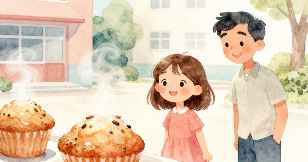 學校庭院中，鬆餅上緩緩升起蒸氣，莉亞與Marco面帶滿足笑容，象徵創意與友誼溫暖延續。