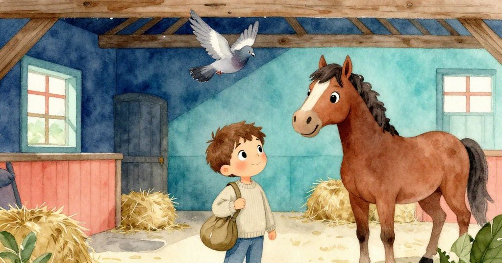 班恩走入馬廄，拿著散發蘋果香的小袋子，馬兒好奇聞氣味，灰鴿在上方飛翔，場景溫暖而熱鬧。