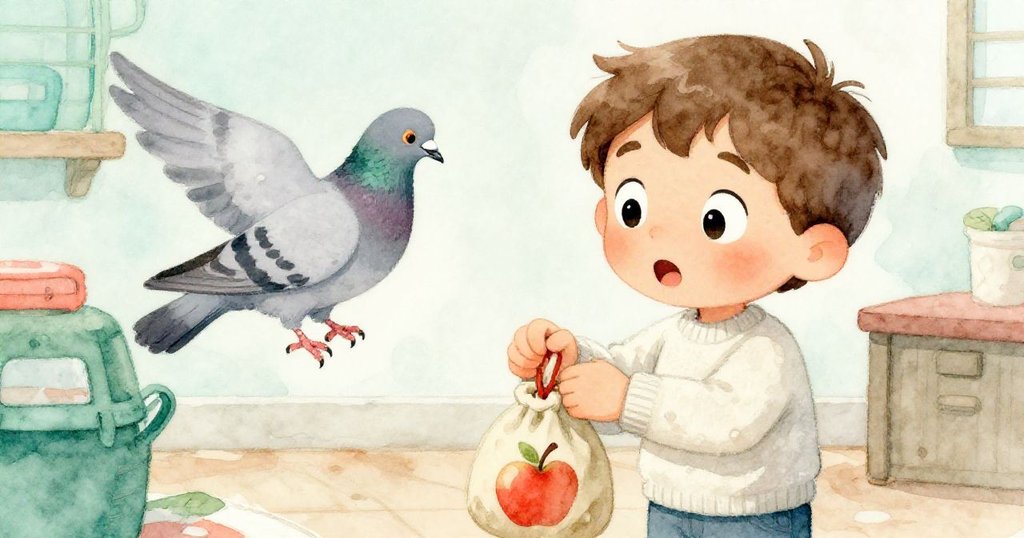 班恩驚喜地注視著手上蘋果味小袋，灰鴿輕輕降落在袋上，面部表情活潑細膩，背景充滿溫暖光線。