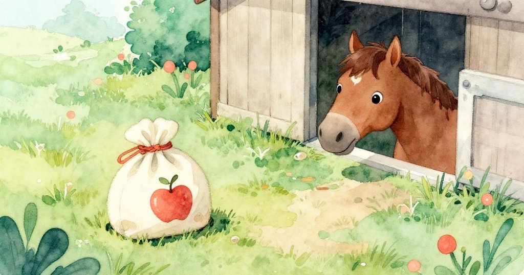 從高處看見陽光照耀的草地上小袋安靜躺著，馬廄內的棕馬好奇地隱約探出頭來，場景寧靜祥和。