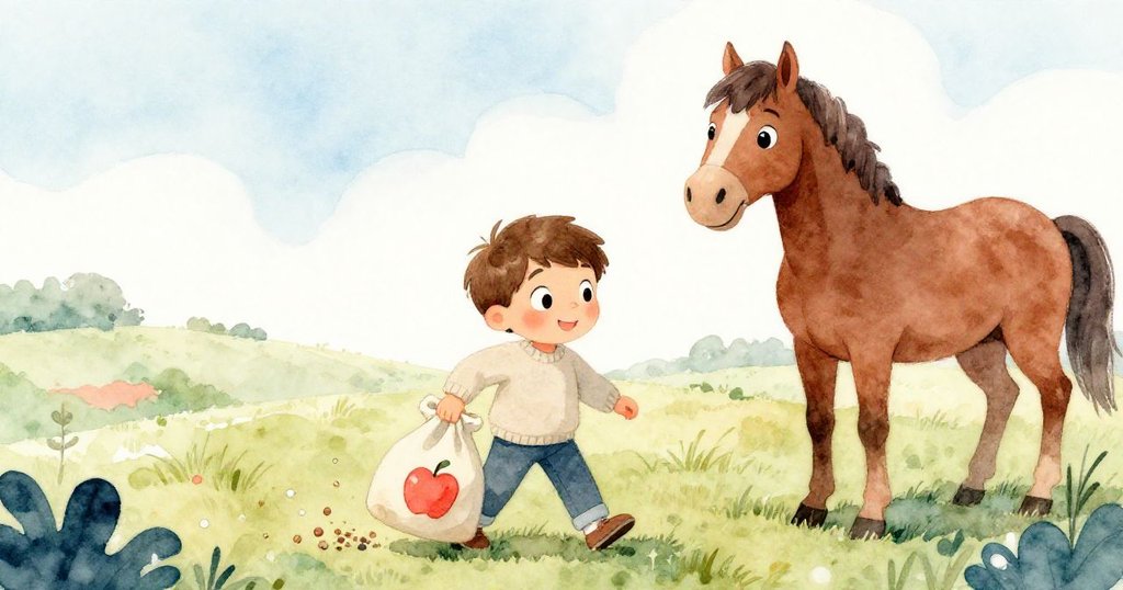 班恩急步進入陽光草地，小心拾起灑落飼料的柔軟小袋，旁邊棕馬靜靜注視，現場充滿驚喜與探索感。