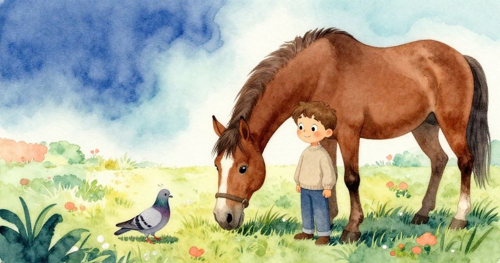 班恩與棕馬安靜並肩立在茂盛草地上，陽光灑滿和平田野，灰鴿在旁觀望，整體畫面溫馨、寧靜，呈現故事完美收尾。