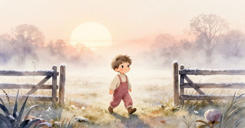 米洛在晨霧籠罩的農場中輕手輕腳前行，背後是散發柔光的穩定老屋和結霜的柵欄，充滿期待與神秘。