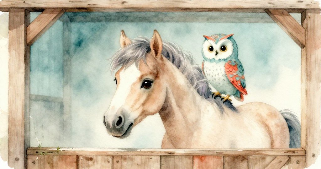 穩定的馬廄內，布里茲驚訝而靜止地站立，一隻小貓頭鷹安靜地棲在馬鬃上，分屏展示奇妙瞬間。