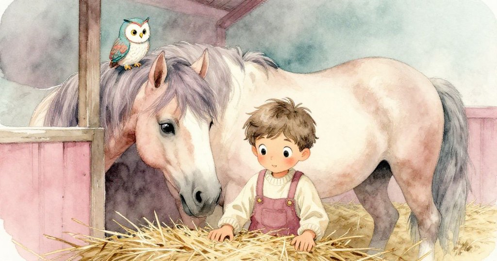 米洛蹲下身子，借著稻草堆穩定腳步，用相機捕捉馬廄中馬匹與貓頭鷹奇遇，神情專注溫暖。