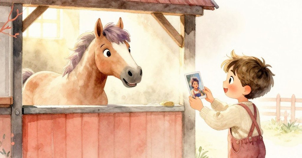 晨光漸亮，馬廄中充滿金色暖光，布里茲輕揮尾巴，米洛滿心喜悅欣賞捕捉到的完美瞬間，場景溫馨流動。