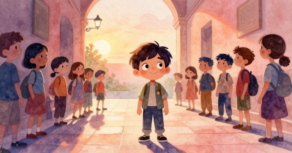 卡米洛走在落日餘暉灑落的博物館走廊中，與眾多參觀者互動，神情充滿期待與忙碌，展現故事開端情節。