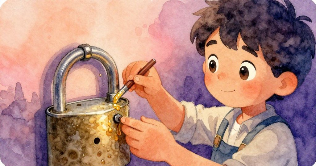 卡米洛用小油罐仔細塗抹地下室鎖具，手部細節清晰，油光閃耀，神情專注展現任務發展。