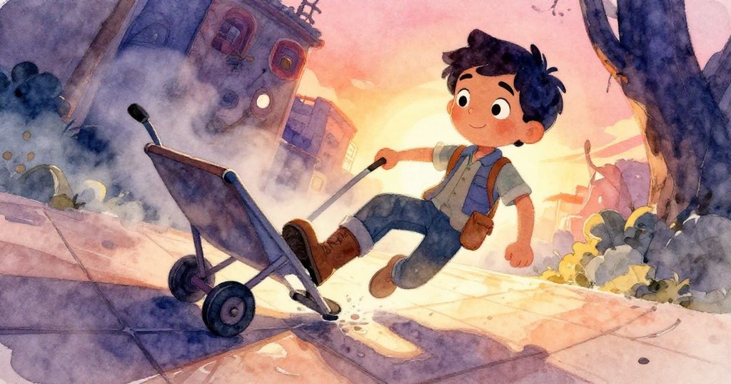 卡米洛推車時因涼氣使鞋子打滑，利用扭曲視角突顯急促動作和危機感，表情中透露出驚訝與專注。