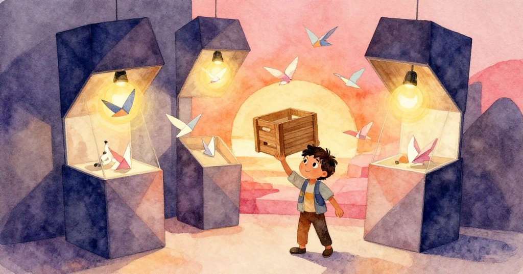 卡米洛在展示區放下木箱，意外觸動隱藏格局，紙鴿紛飛展現錯視幾何效果，畫面充滿奇幻與驚奇。