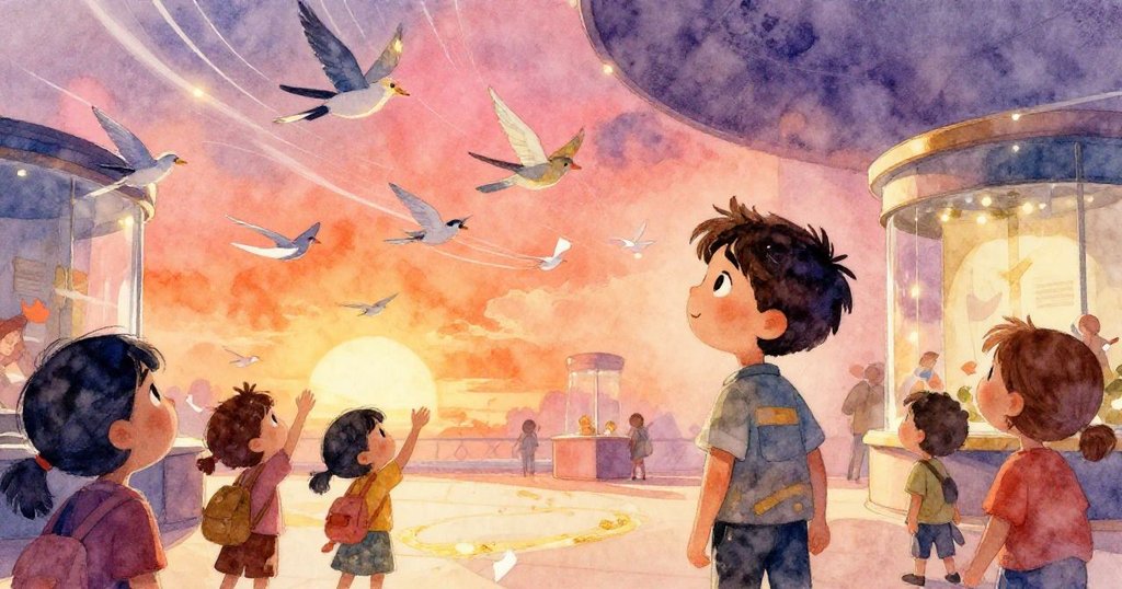 紙鴿在燈光下以動態光軌飛舞，Camilo與參觀者露出驚奇神情，動感場景充滿節奏與活力。