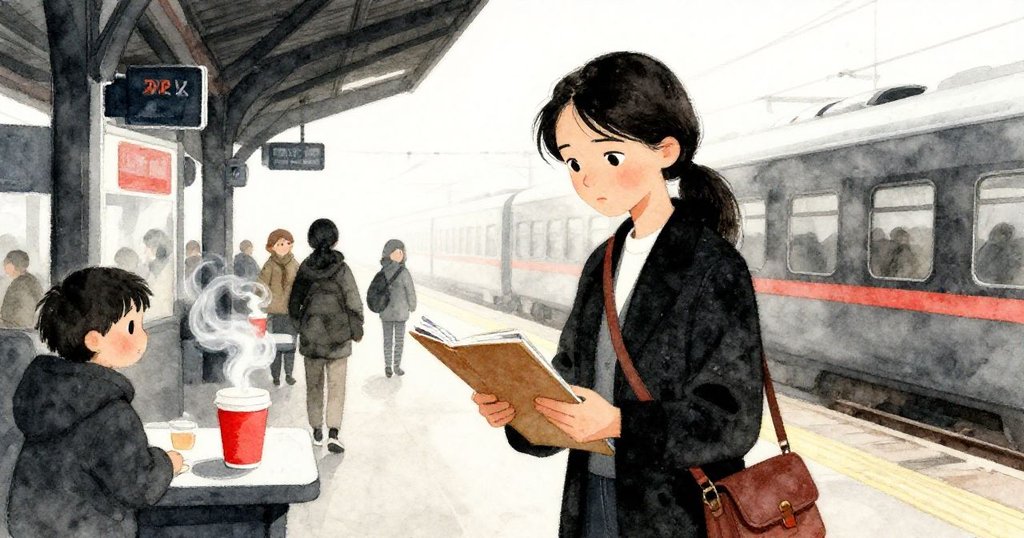 米拉在月台上穿過晨光中匆忙人群，紙杯上蒸汽飄渺，展現動感早晨和堅定的旅程。