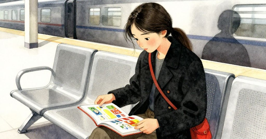 米拉坐在月台長椅上，細心攤開充滿鮮豔色塊的資料夾，手法溫柔展現專注與細膩質感。