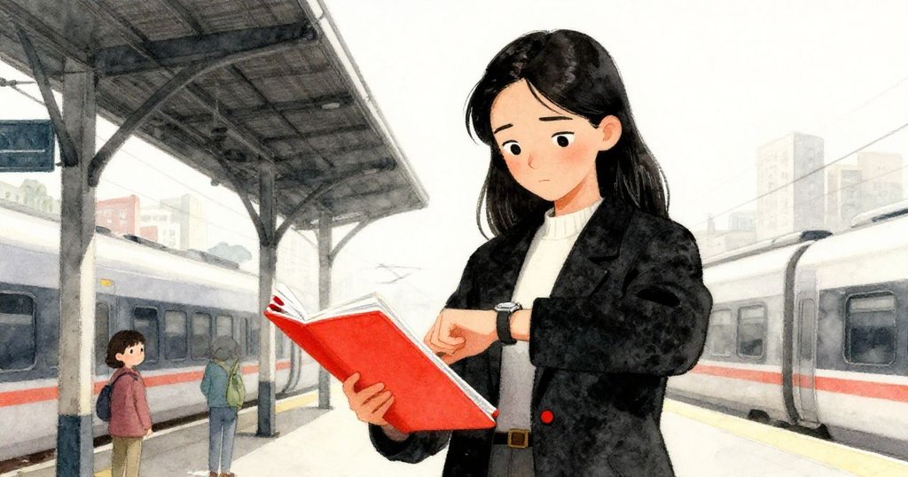 米拉抬頭低角度展現堅定神情，一邊檢視手錶、一邊平穩地平衡厚重資料夾，準備迎接火車。