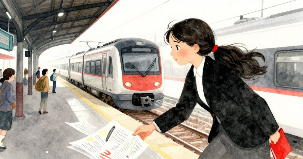 火車鳴笛響起時米拉資料夾滑落散出亮色紙頁，月台上車流與人潮急促展現現代城市動感。