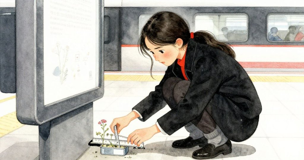 米拉蹲在廣告牌旁，專注用尺子夾取隱藏於縫隙中的小錫盒，指尖輕觸瓷磚展現柔急與細膩。