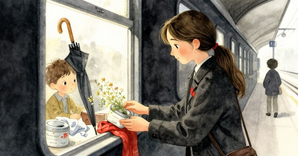 米拉在失物櫃檯前，柔和光線中展露微笑，細心放置隱含野花的錫盒，傳達混亂後的溫馨平靜。