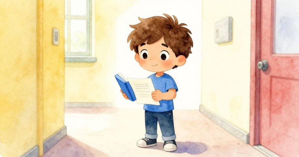 Milo在明亮走廊中拿著藍色盒子和摺疊清單,神情專注,靜謐中展現準備發表報告的決心。