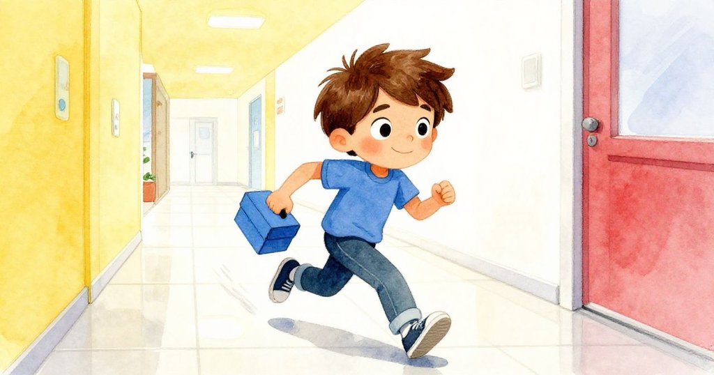 Milo在明亮走廊中快速行走,藍色盒子隨身攜帶,堅定的步伐與閃亮瓷磚映出緊迫氛圍。