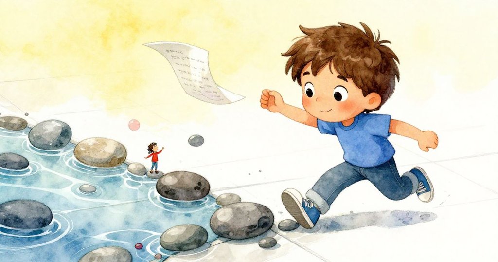 風吹走清單,石頭從藍盒中滾出。Milo在高角度中顯得渺小,臉上流露出驚訝。