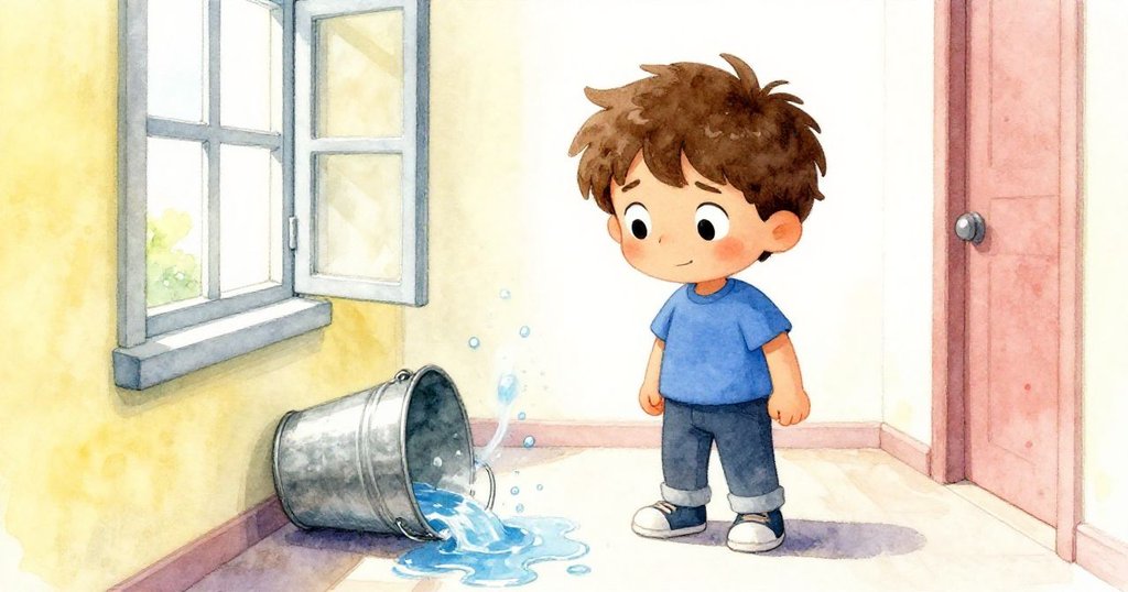 Milo在走廊旁觀察窗外微風,金屬水桶傾倒灑出水花,水漬逐漸擴散,神情略帶憂慮。