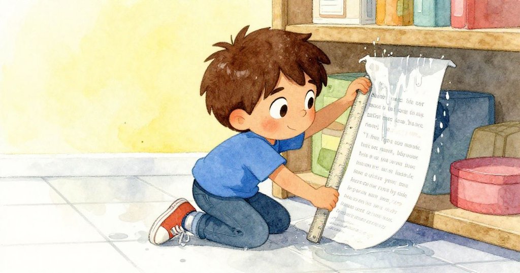 Milo跪在濕滑走廊上,用尺子夾取淋濕清單,表情堅定,鞋子滑動展現奮力彌補失誤。