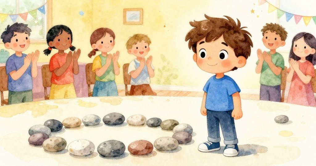 Milo整理好兩排石頭,站在門旁自豪展示,俱樂部成員在暖光下鼓掌讚賞,展現成功與喜悅。