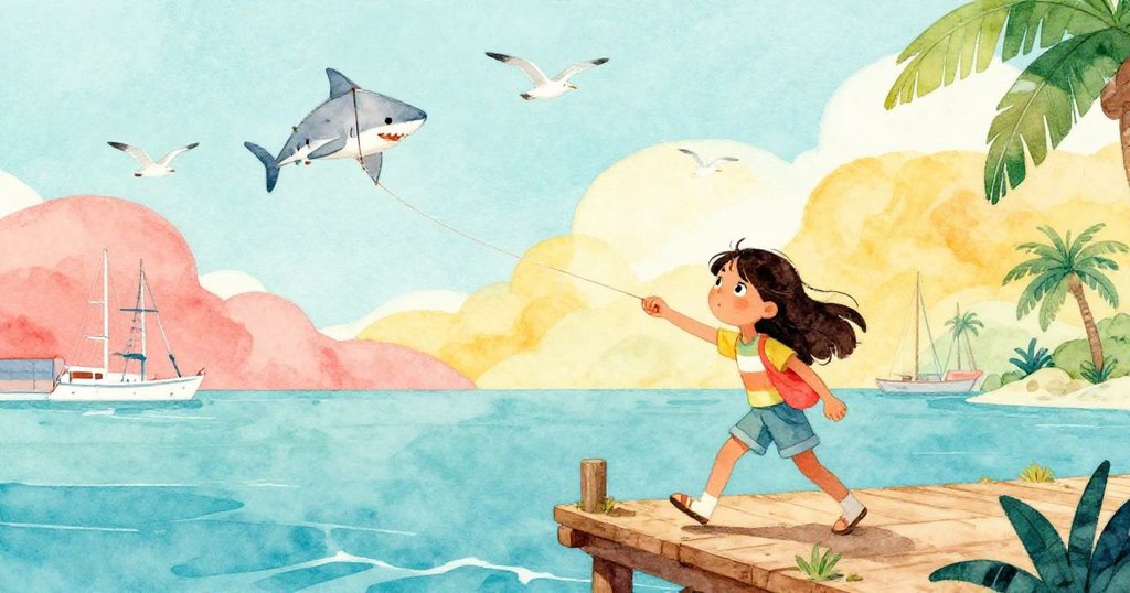 Mira急速步入碼頭,身後銀鯊風箏隨風飛揚,陽光照耀港口,海鷗盤旋,情緒充滿期待與動力。