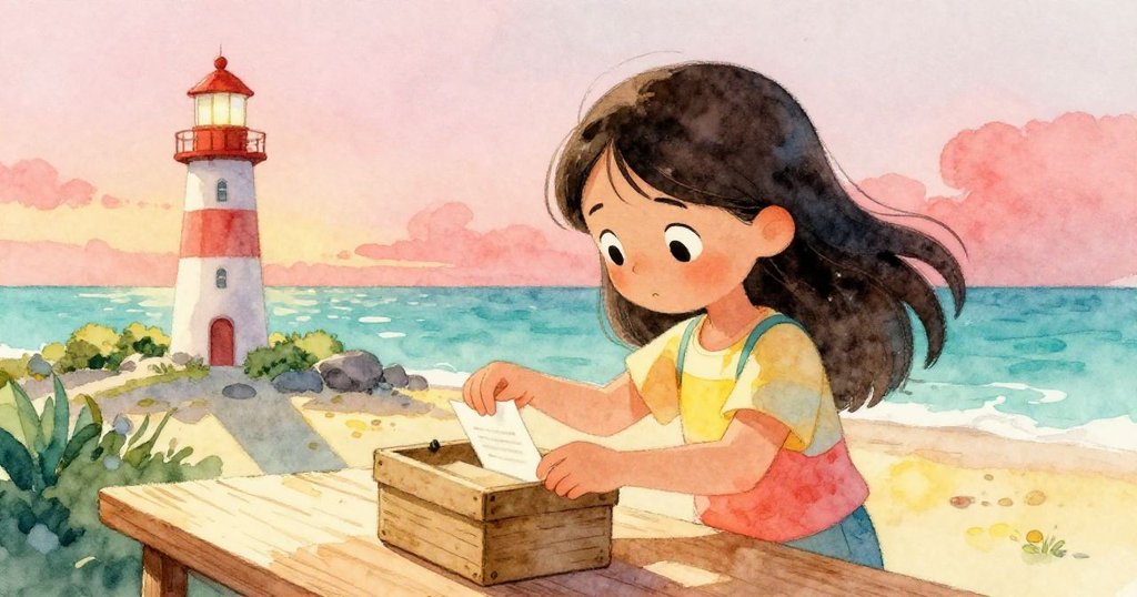 Mira小心翼翼將紙條投入燈塔旁桌上的信箱,臉上露出專注與喜悅,背景為柔和海光與夕陽映照的港口。