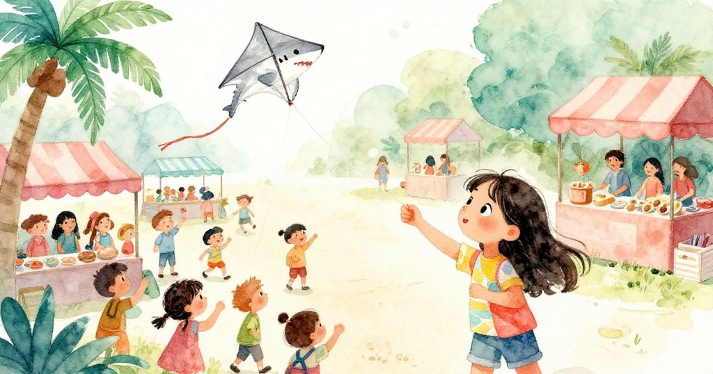 從高處俯視熱鬧節慶,Mira穿梭於熙攘人群與攤位中,銀鯊風箏隨風搖曳,表情既緊張又堅定,展現冒險精神。