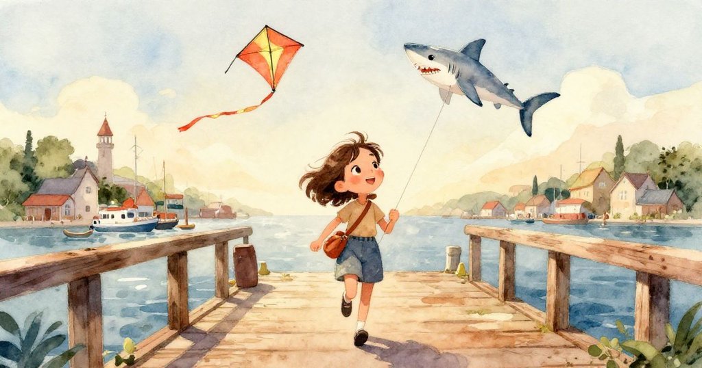 從高處俯瞰廣闊港口,復古戰機劃過晴空,海鷗飛舞,水面閃耀光芒,遠處Mira隱約於熱鬧人群中,景象壯觀動感。