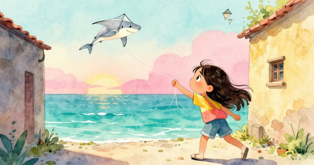 Mira在繁忙人群中發現水邊開放小巷,靈巧調整計畫,手中繩線滑脫,銀鯊風箏高飛,臉上展現決心與靈敏。