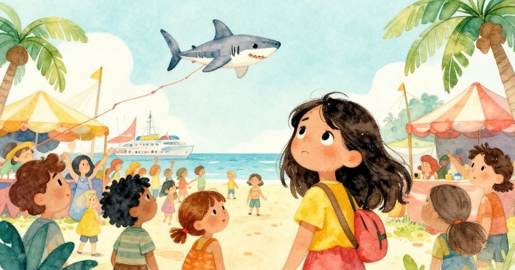 Mira完成報名後重返節慶,臉上流露勝利與安心,銀鯊風箏輕輕漂浮,節慶人群歡樂洋溢,美好結局感人。