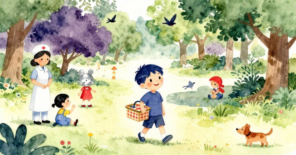 蒂姆手提野餐盒走在擁擠公園中，護士、孩童、鳥兒及動物環繞四周，陽光照耀，充滿歡樂與期待心情。