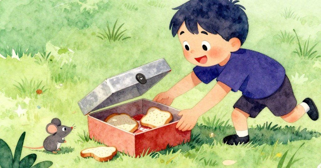 蒂姆急忙用雙手撿起打開的野餐盒，麵包零落在草地上，細緻展現他緊張與專注的動作。