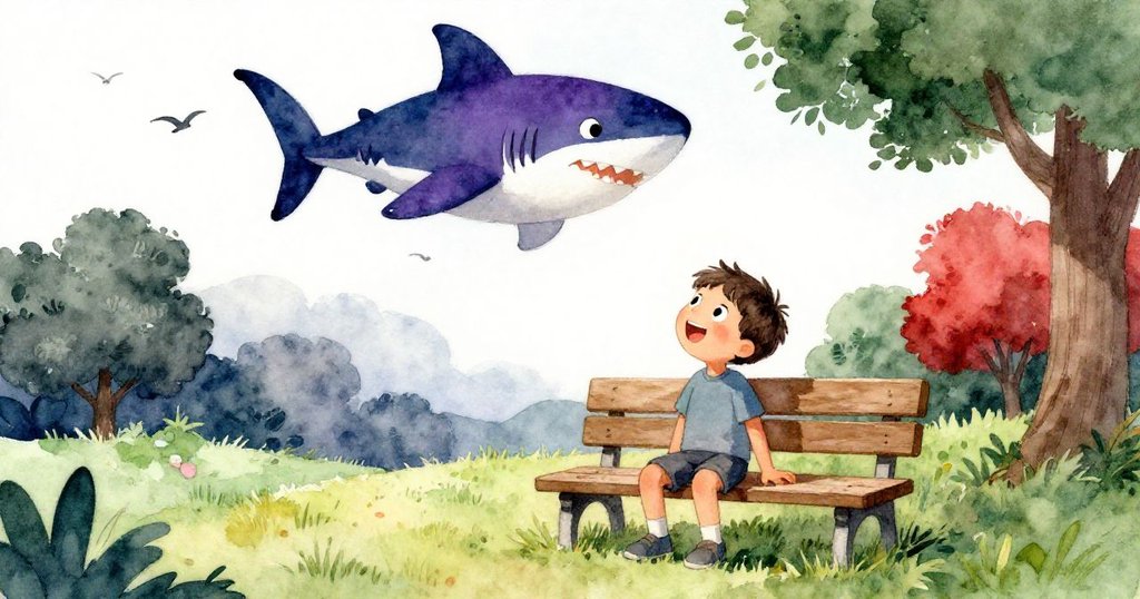 蒂姆坐在青草上仰望天空，低角度展示他面帶笑容觀看鯊魚狀彩雲，感受無比驚喜與欣慰。