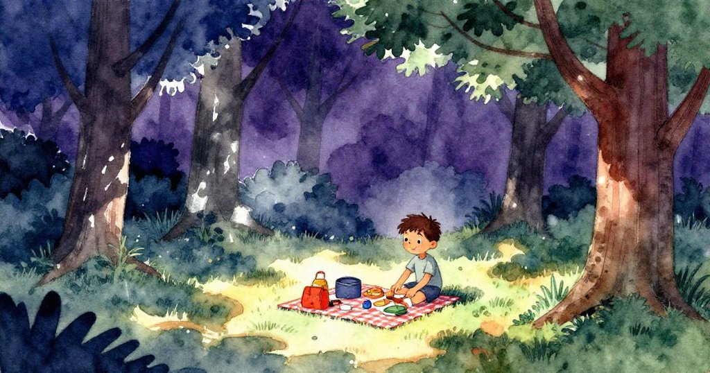 在隱蔽樹蔭下的角落，蒂姆整理野餐盒，環境幽靜，微光透過樹葉灑落，營造神秘感。