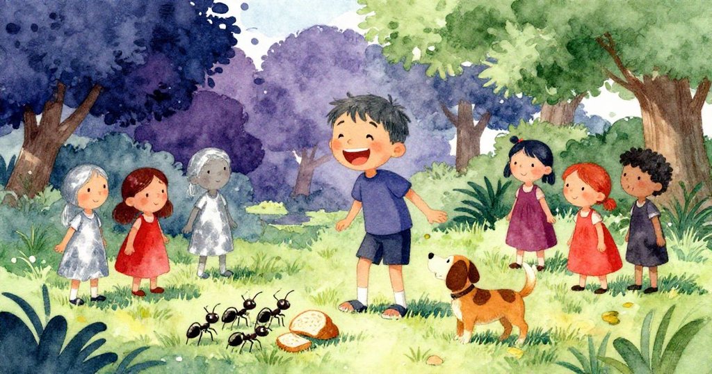 蒂姆與公園孩童、狗狗共度快樂時光，蚂蚁在草地聚集麵包屑，氣氛歡樂慶祝豐收瞬間。