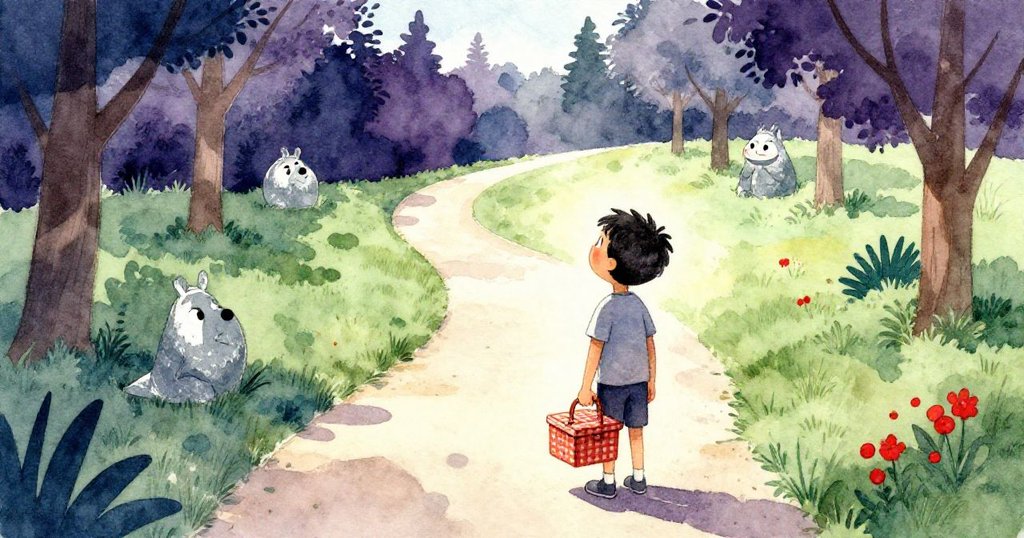 蒂姆面對展開的新公園小徑，帶著滿足與期盼，步入充滿未知和新冒險的美好未來。