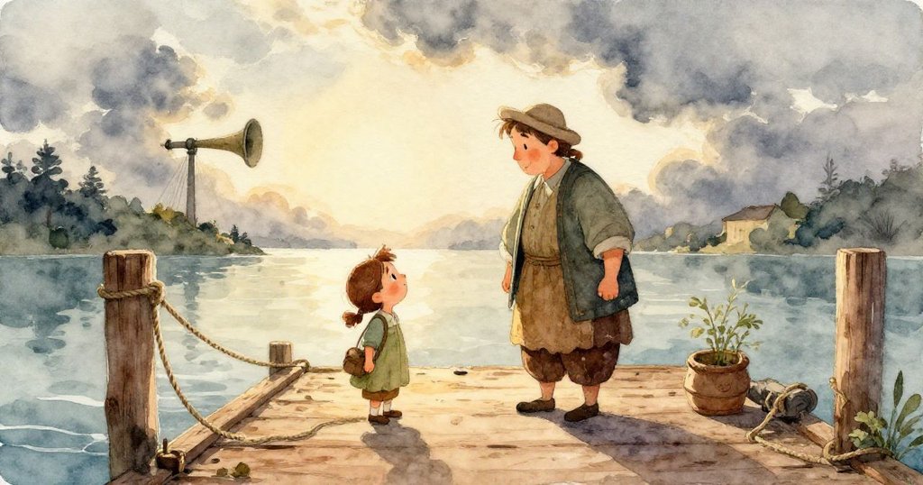 伊拉走上潮濕木碼頭，天際透出粉紅與藍光，市場初醒，充滿期待與堅定神情