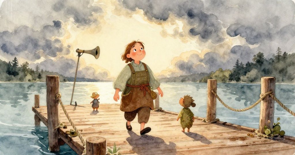 伊拉低頭觀察手中麻布袋，空玻璃罐隱約現身，傳遞藥草使命與細膩情感