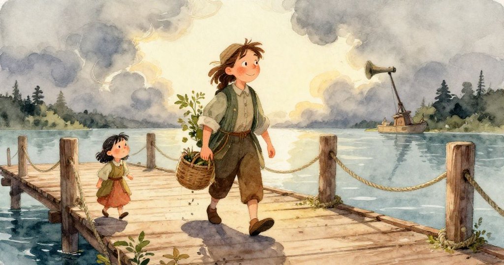 從高處俯視伊拉小心行走於破木板旁，海藻與貨箱散落，流露出一絲謹慎與不安