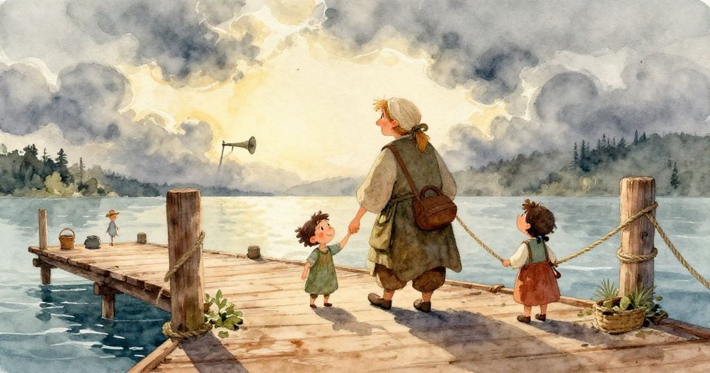 伊拉伸手扶住驚慌小鯊魚，旁邊漁夫目瞪口呆，碼頭上群眾驚訝神情緊湊情境