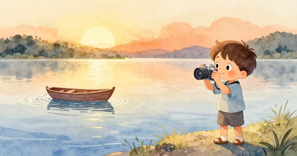本在晨曦中划小船，船上本好奇調整相機，湖面平靜，小島遠呈，充滿期待與寧靜氣氛。